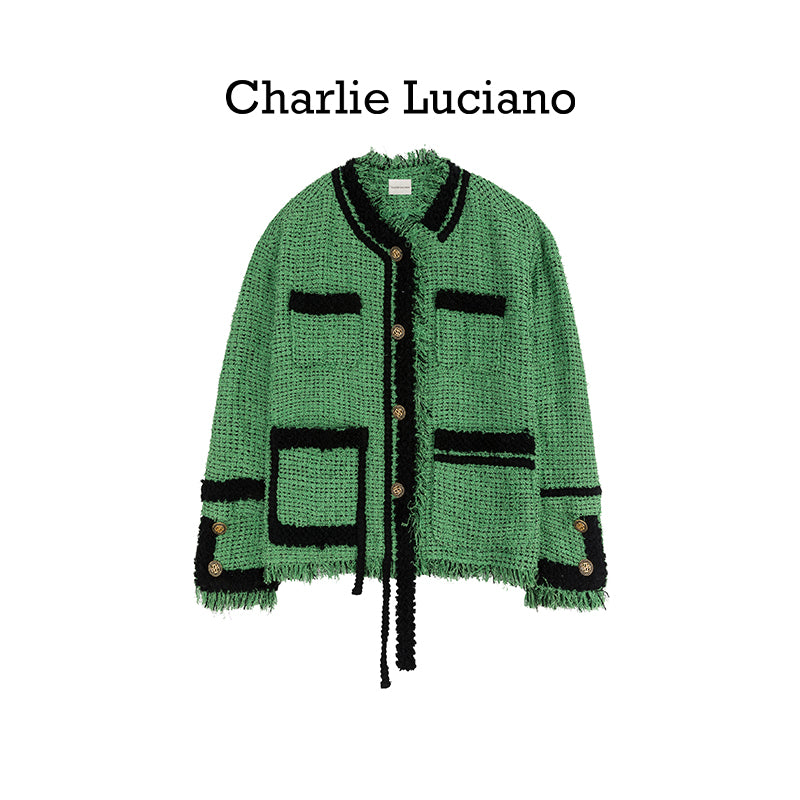 Charlie Luciano collarless jacket, women's retro style tassel jacket