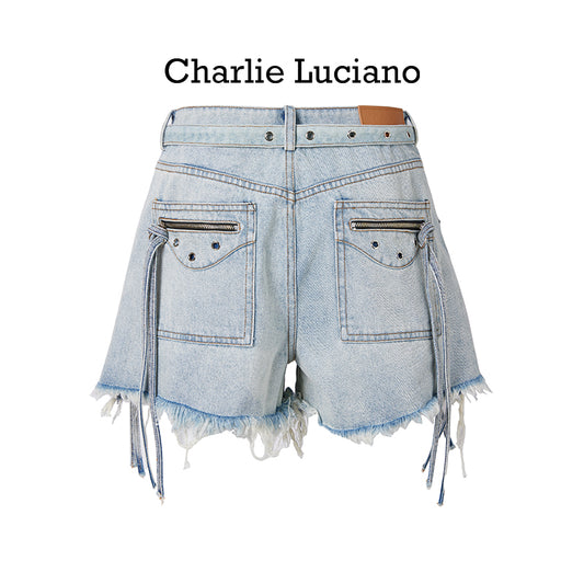 Charlie Luciano motorcycle pocket high waisted ripped shorts jeans