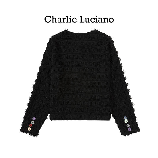 Charlie Luciano Color Buckle Coarse Flower Collarless Jacket with Small Fragrant Style CL Coat for Women