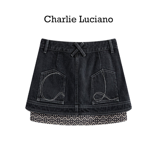 Charlie Luciano printed denim short skirt high waisted midi skirt for women