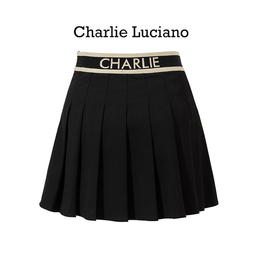 Charlie Luciano college style high waisted pleated skirt for women in spring and summer 2025, A-line slimming ribbon short skirt