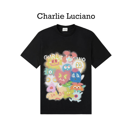 Charlie Luciano Cute Graffiti Printed T-shirt Loose Men's and Women's Short sleeved Top