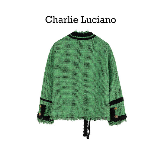 Charlie Luciano collarless jacket, women's retro style tassel jacket