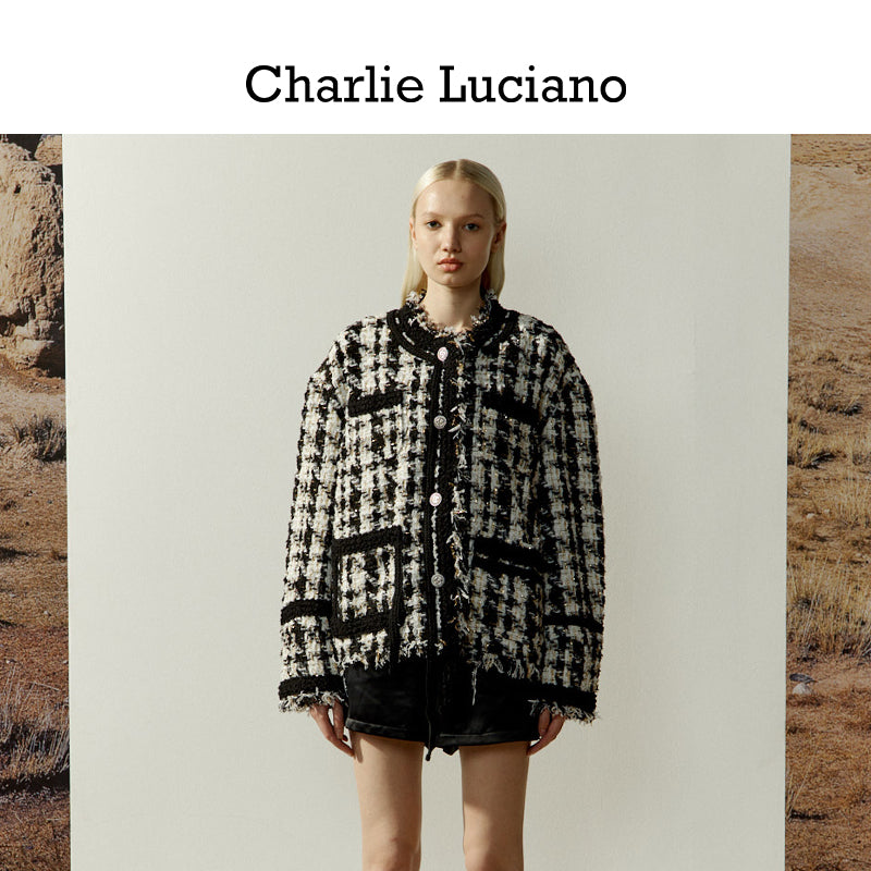 Charlie Luciano jacket vintage tassel couple plaid jacket short top trendy