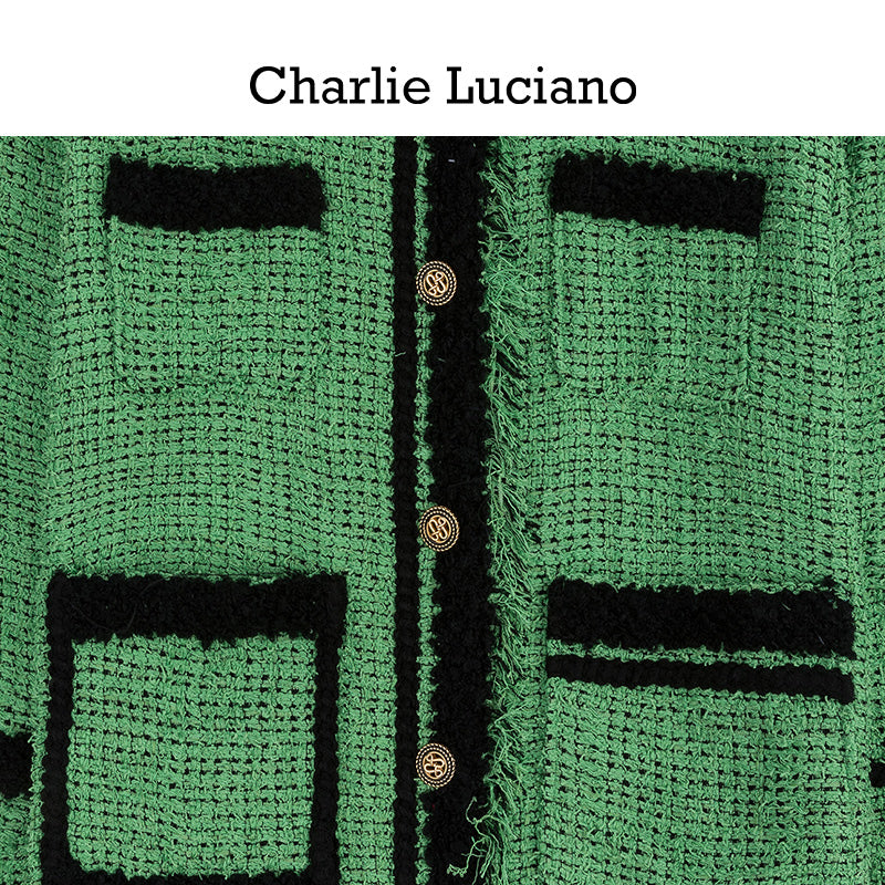 Charlie Luciano collarless jacket, women's retro style tassel jacket