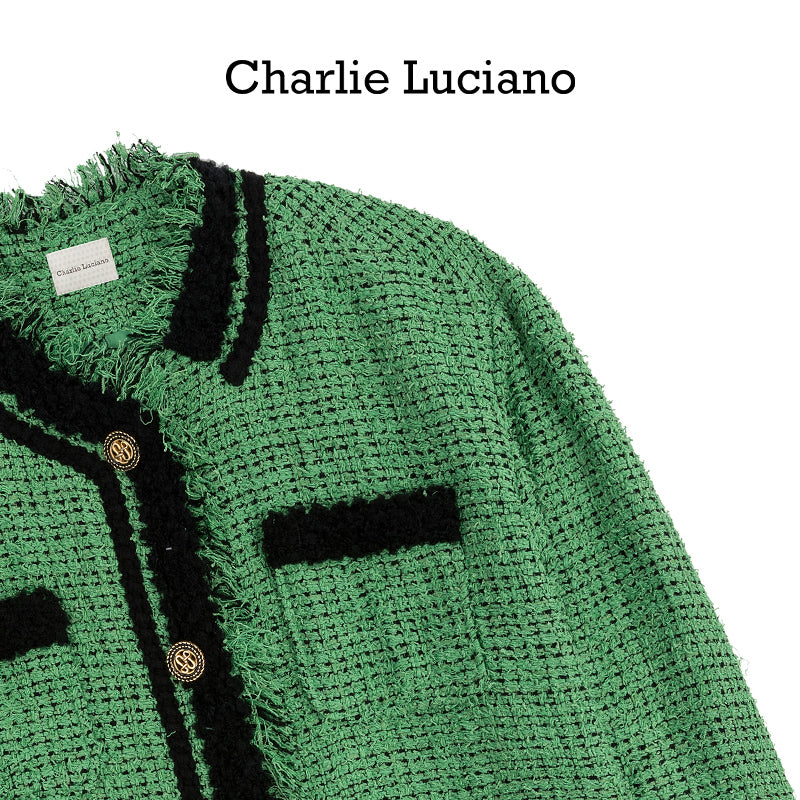 Charlie Luciano collarless jacket, women's retro style tassel jacket