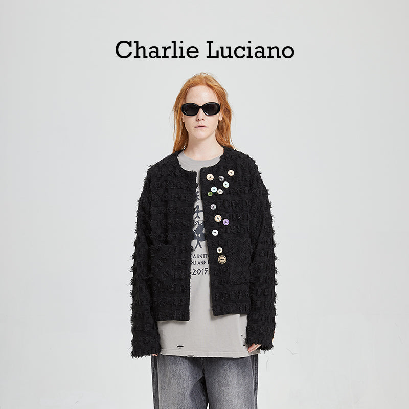 Charlie Luciano Color Buckle Coarse Flower Collarless Jacket with Small Fragrant Style CL Coat for Women