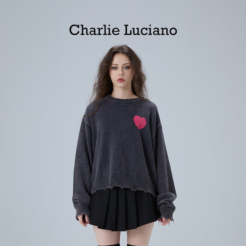 Charlie Luciano's Love Made Old Sweater New Retro Round Neck Cotton Loose Knitted Sweater Trendy