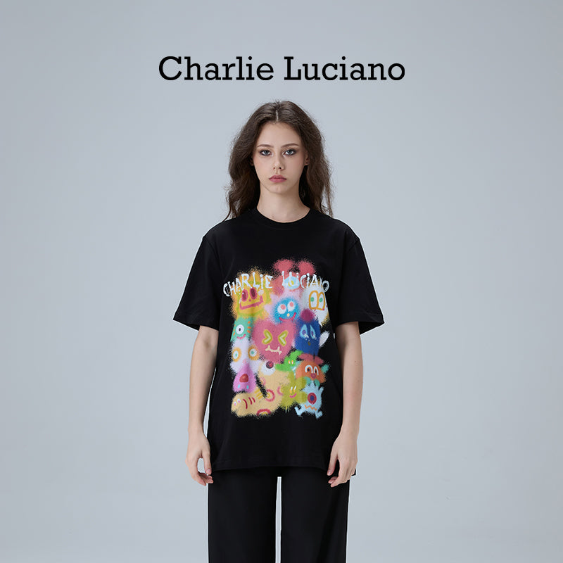 Charlie Luciano Cute Graffiti Printed T-shirt Loose Men's and Women's Short sleeved Top