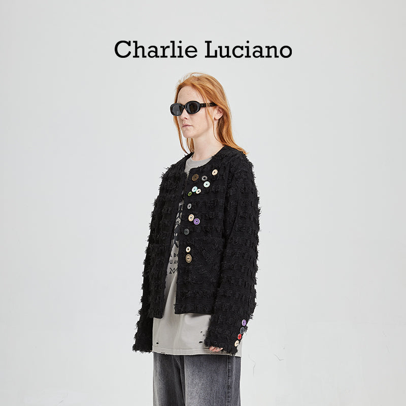 Charlie Luciano Color Buckle Coarse Flower Collarless Jacket with Small Fragrant Style CL Coat for Women