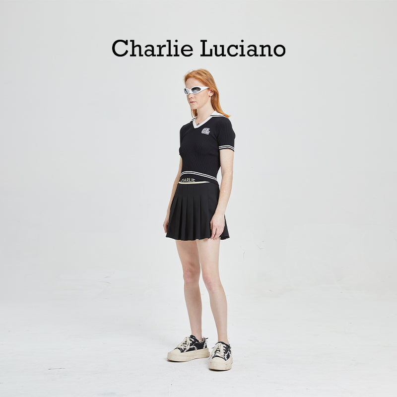 Charlie Luciano college style high waisted pleated skirt for women in spring and summer 2025, A-line slimming ribbon short skirt