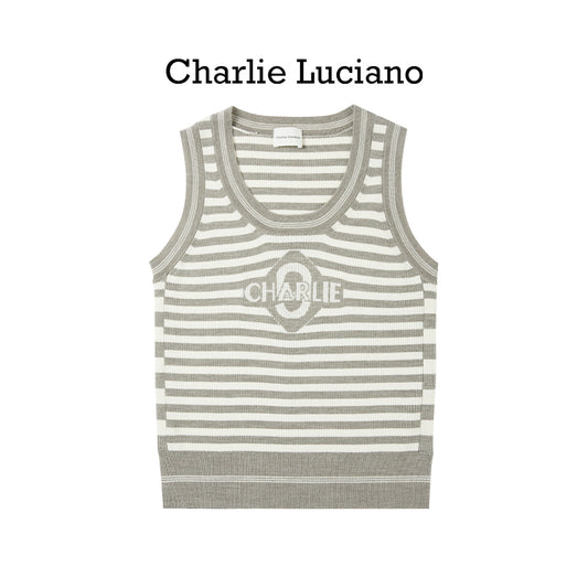 Charlie Luciano striped jacquard knitted sleeveless vest, summer new trendy brand top for women