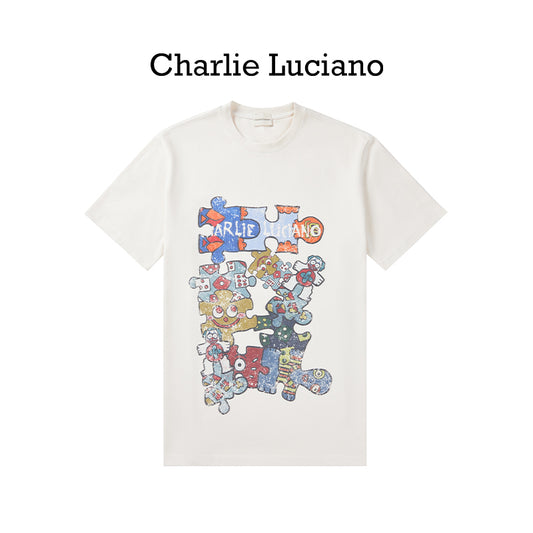 Charlie Luciano 2025 New Couple T-shirt Cute Puzzle Printed Vintage Short Sleeve Top Trendy