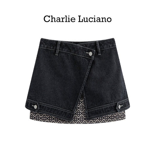 Charlie Luciano printed denim short skirt high waisted midi skirt for women