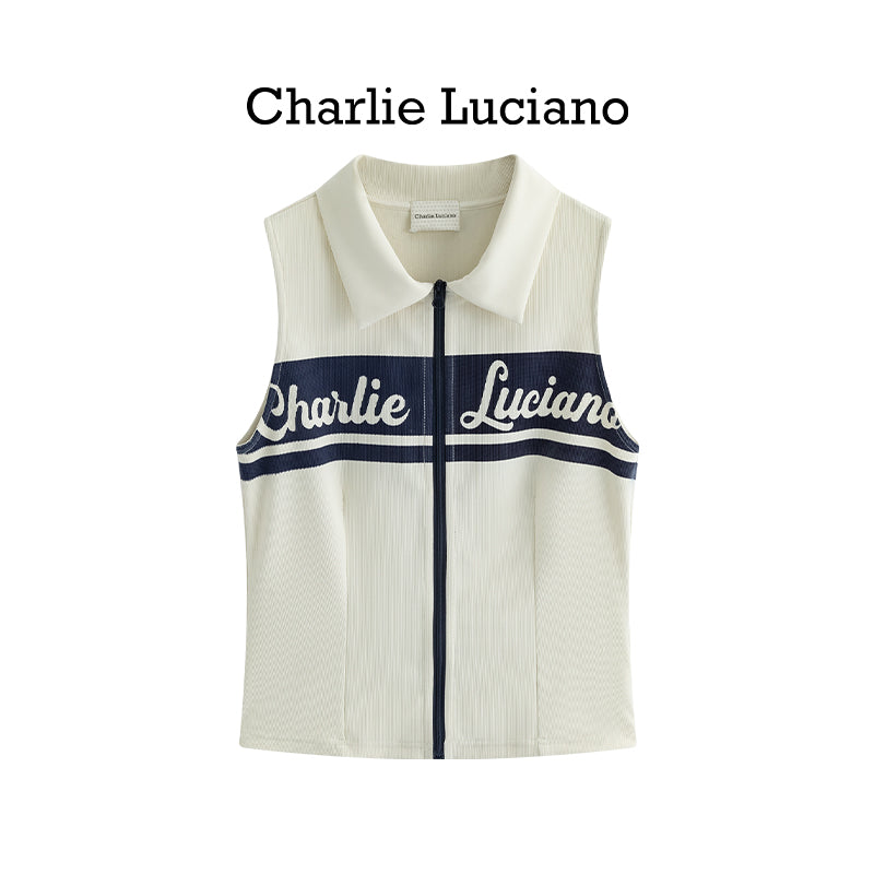 Charlie Luciano Half Zipper Tank Top Spring Summer Rice White Top for Women