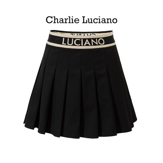 Charlie Luciano college style high waisted pleated skirt for women in spring and summer 2025, A-line slimming ribbon short skirt
