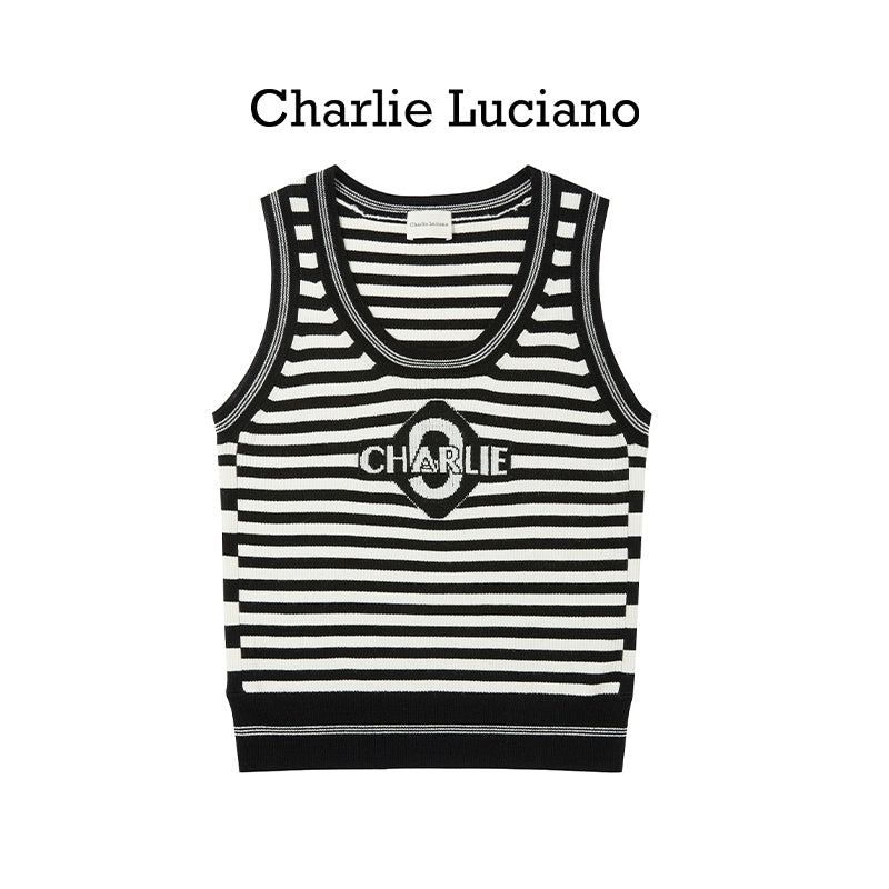 Charlie Luciano striped jacquard knitted sleeveless vest, summer new trendy brand top for women