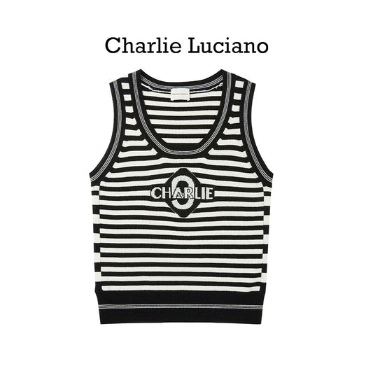 Charlie Luciano striped jacquard knitted sleeveless vest, summer new trendy brand top for women