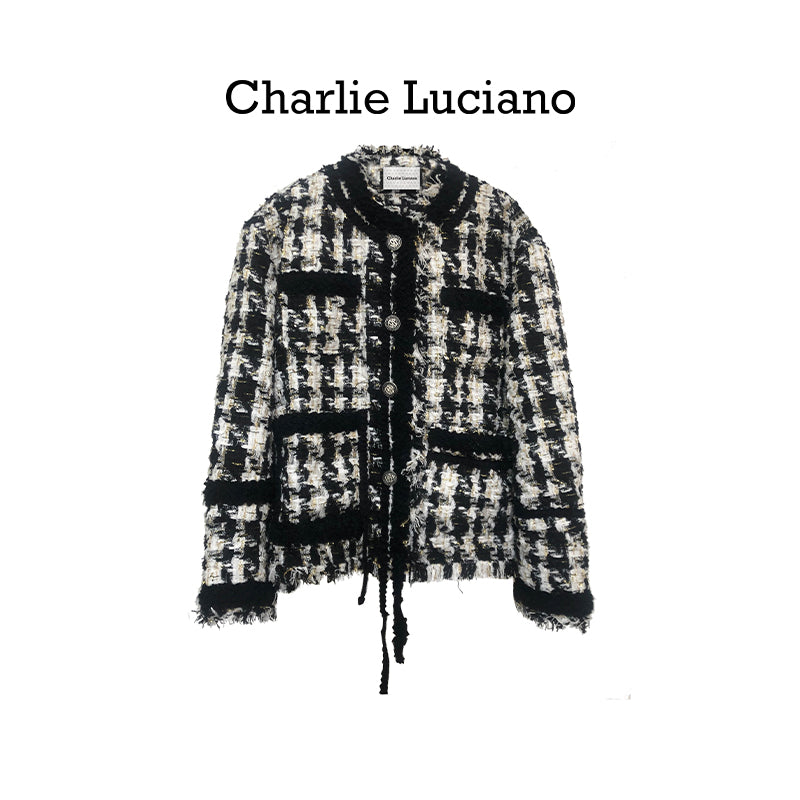 Charlie Luciano jacket vintage tassel couple plaid jacket short top trendy