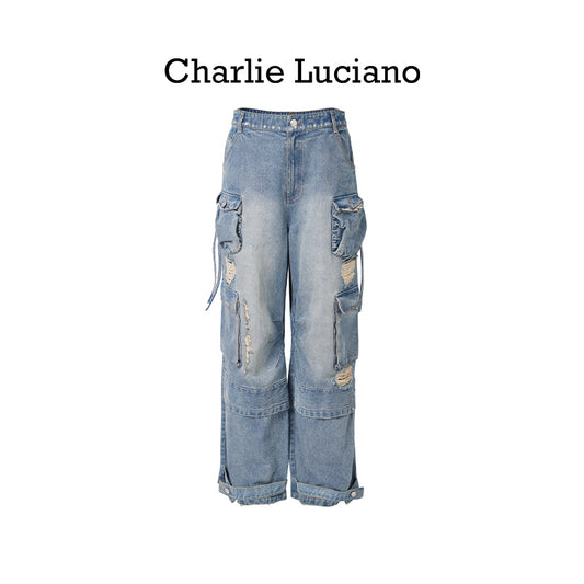 Charlie Luciano Spring/Summer Casual Work Pants for Men and Women, Multi Pocket Jeans, Trendy