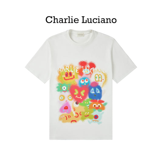 Charlie Luciano Cute Graffiti Printed T-shirt Loose Men's and Women's Short sleeved Top