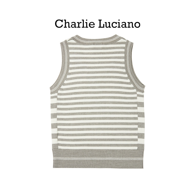 Charlie Luciano striped jacquard knitted sleeveless vest, summer new trendy brand top for women