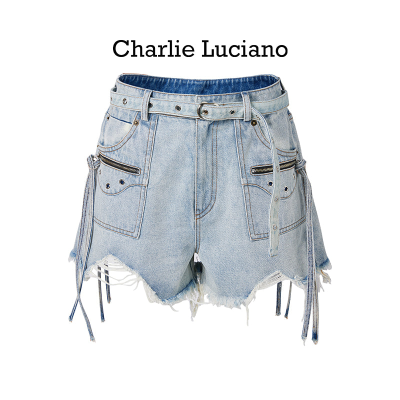 Charlie Luciano motorcycle pocket high waisted ripped shorts jeans
