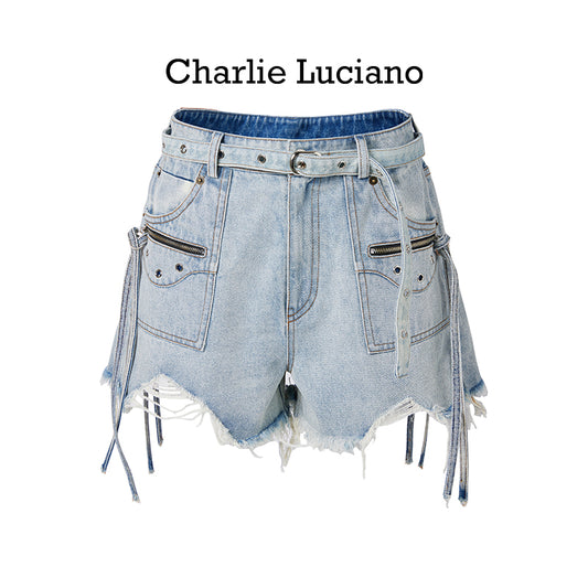 Charlie Luciano motorcycle pocket high waisted ripped shorts jeans