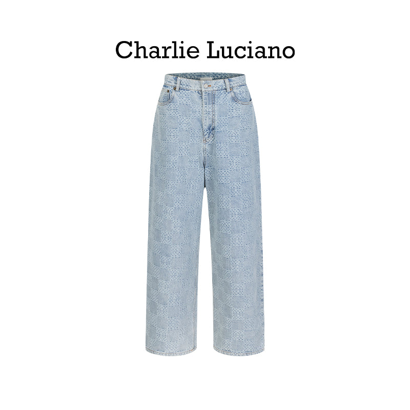 Charlie Luciano checkerboard wide leg pants trendy brand loose slimming casual versatile couple denim pants