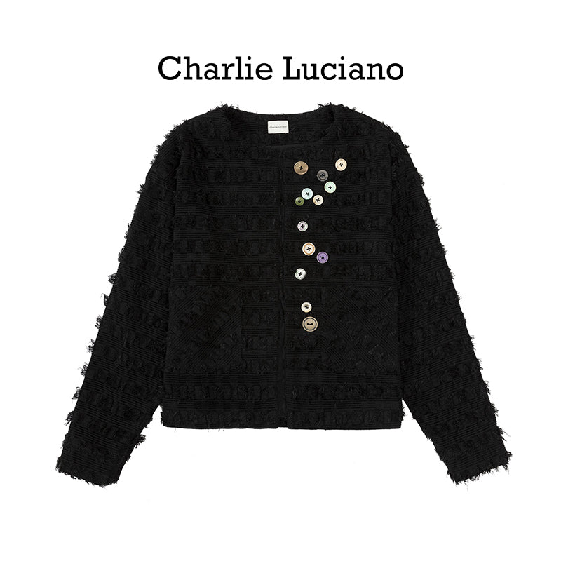 Charlie Luciano Color Buckle Coarse Flower Collarless Jacket with Small Fragrant Style CL Coat for Women