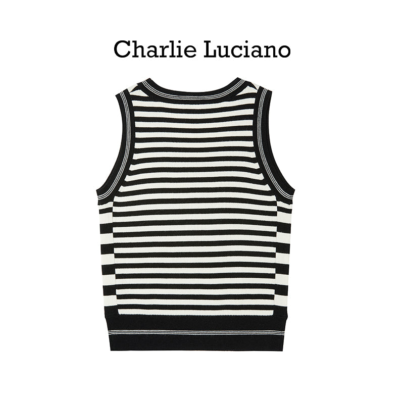 Charlie Luciano striped jacquard knitted sleeveless vest, summer new trendy brand top for women