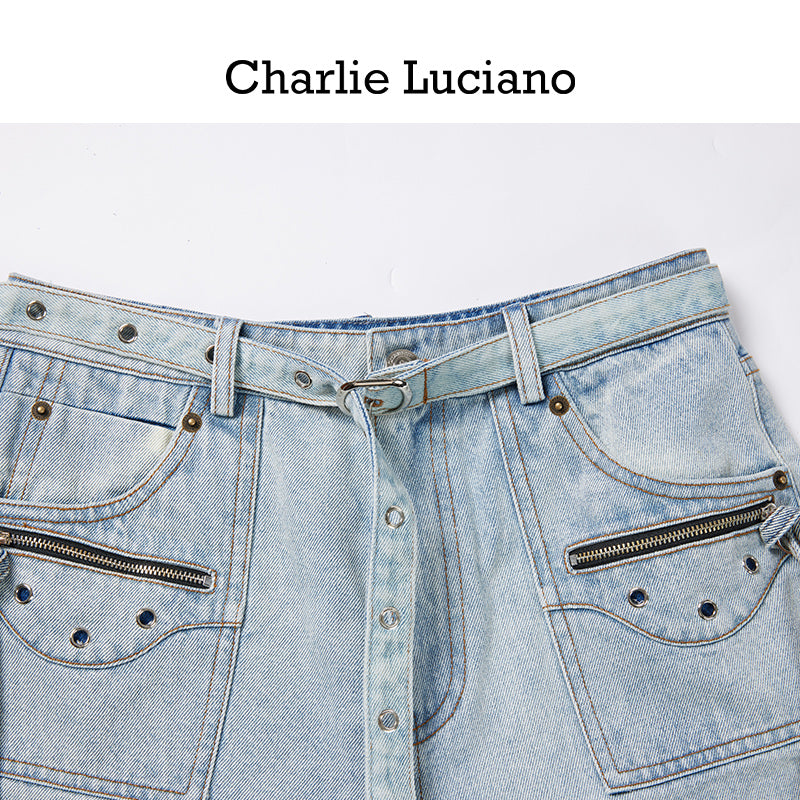 Charlie Luciano motorcycle pocket high waisted ripped shorts jeans
