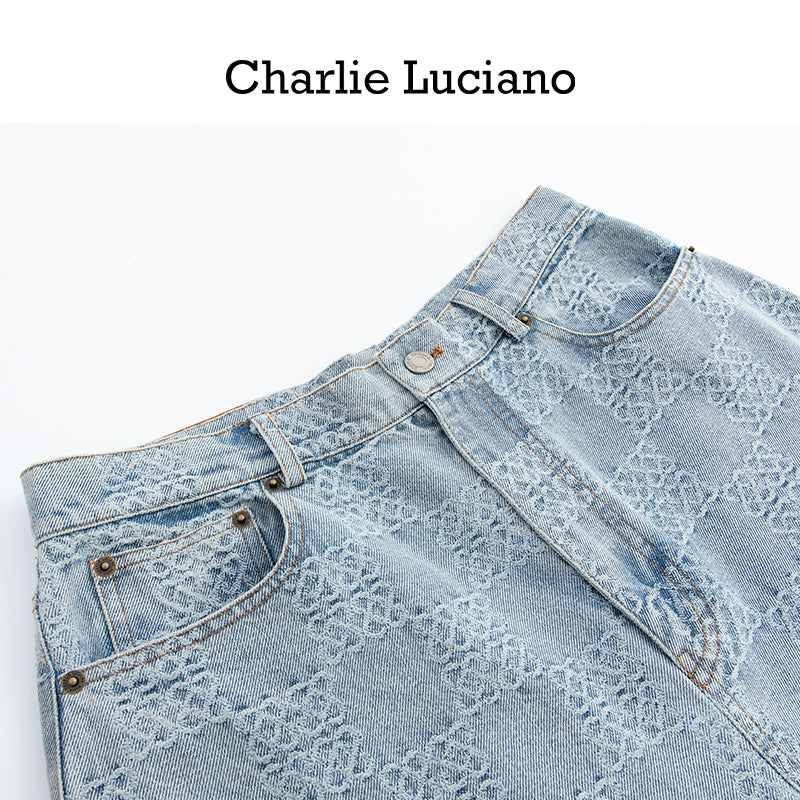 Charlie Luciano checkerboard wide leg pants trendy brand loose slimming casual versatile couple denim pants