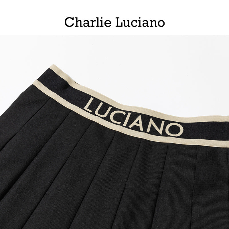 Charlie Luciano college style high waisted pleated skirt for women in spring and summer 2025, A-line slimming ribbon short skirt