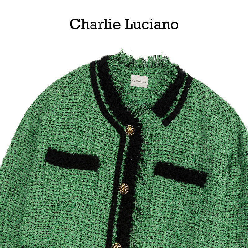 Charlie Luciano collarless jacket, women's retro style tassel jacket