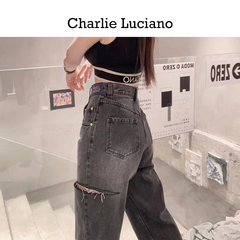 Charlie Luciano ripped pants 2025CL long pants trendy casual jeans for women