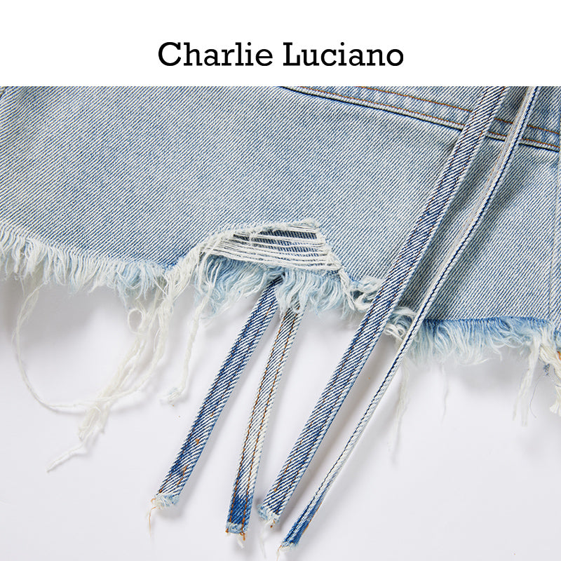 Charlie Luciano motorcycle pocket high waisted ripped shorts jeans