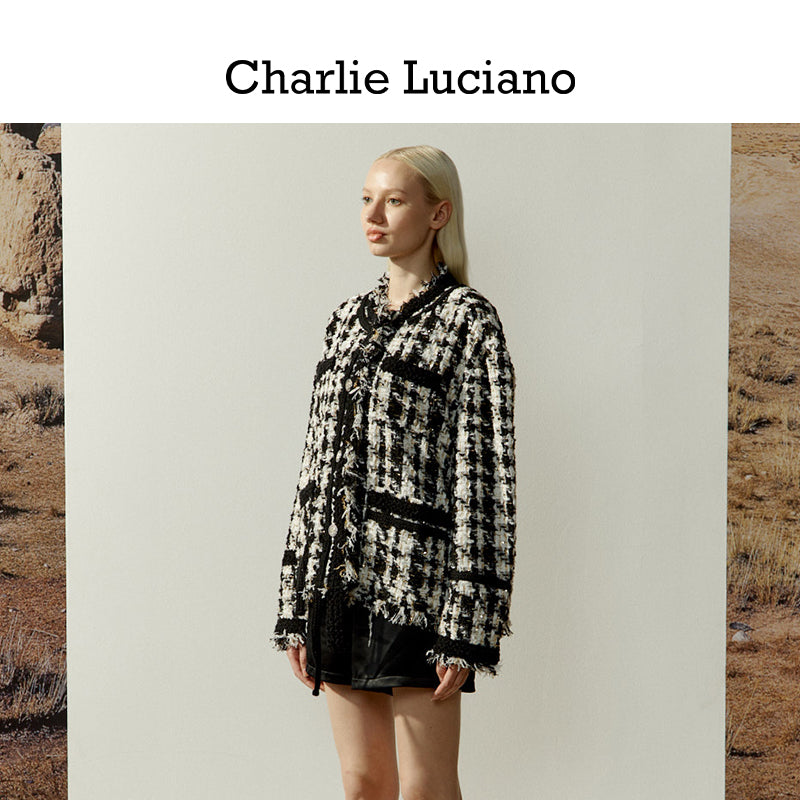Charlie Luciano jacket vintage tassel couple plaid jacket short top trendy