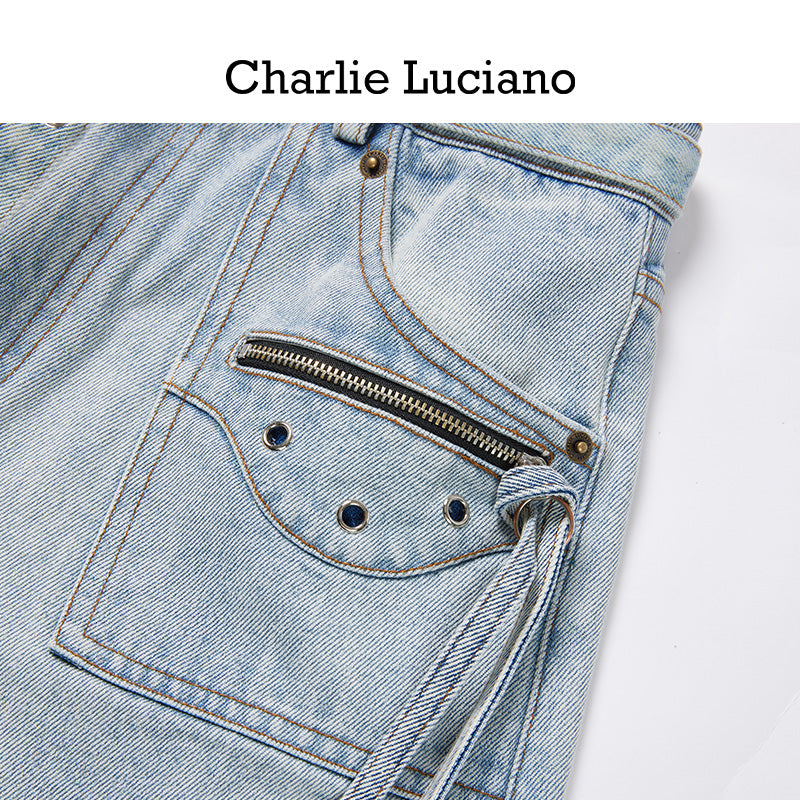 Charlie Luciano motorcycle pocket high waisted ripped shorts jeans