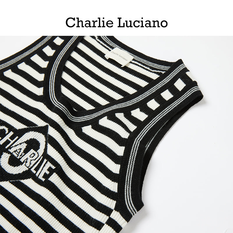 Charlie Luciano striped jacquard knitted sleeveless vest, summer new trendy brand top for women