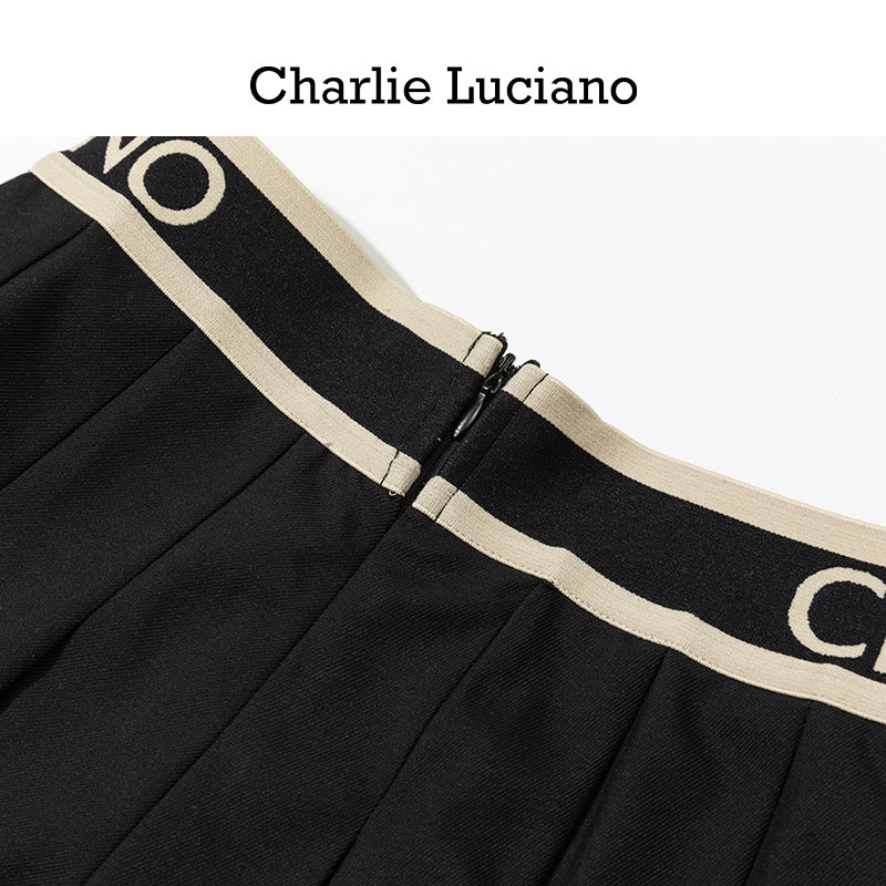 Charlie Luciano college style high waisted pleated skirt for women in spring and summer 2025, A-line slimming ribbon short skirt