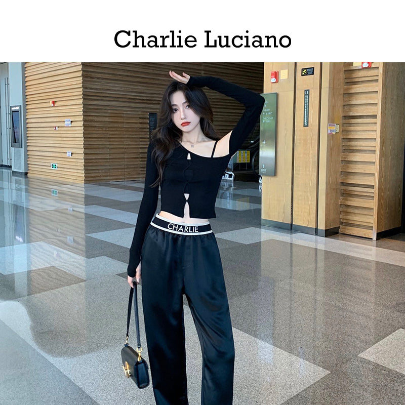 Charlie Luciano's flowing acetate pants with wide legs for slimming women's slim fit high waisted straight leg pants