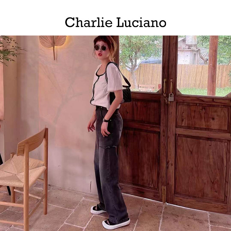 Charlie Luciano ripped pants 2025CL long pants trendy casual jeans for women