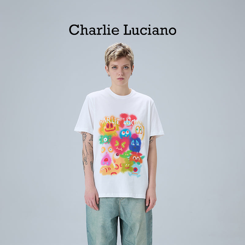 Charlie Luciano Cute Graffiti Printed T-shirt Loose Men's and Women's Short sleeved Top