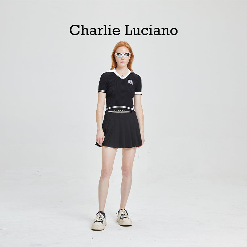 Charlie Luciano college style high waisted pleated skirt for women in spring and summer 2025, A-line slimming ribbon short skirt