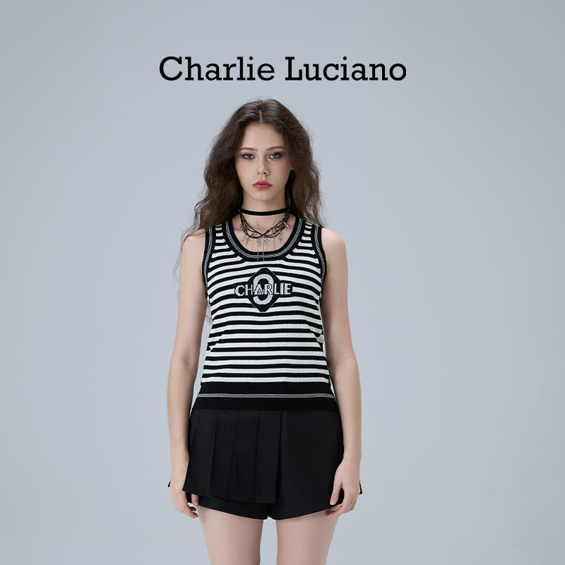 Charlie Luciano striped jacquard knitted sleeveless vest, summer new trendy brand top for women