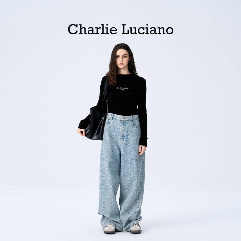 Charlie Luciano checkerboard wide leg pants trendy brand loose slimming casual versatile couple denim pants