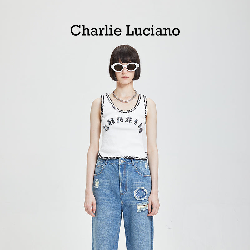 Charlie Luciano's new sleeveless interior comfortable sports logo printed vest for women's spring and summer outerwear