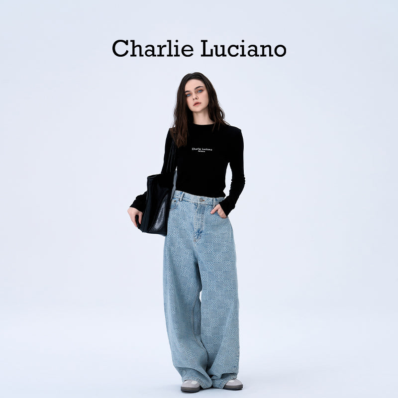 Charlie Luciano checkerboard wide leg pants trendy brand loose slimming casual versatile couple denim pants