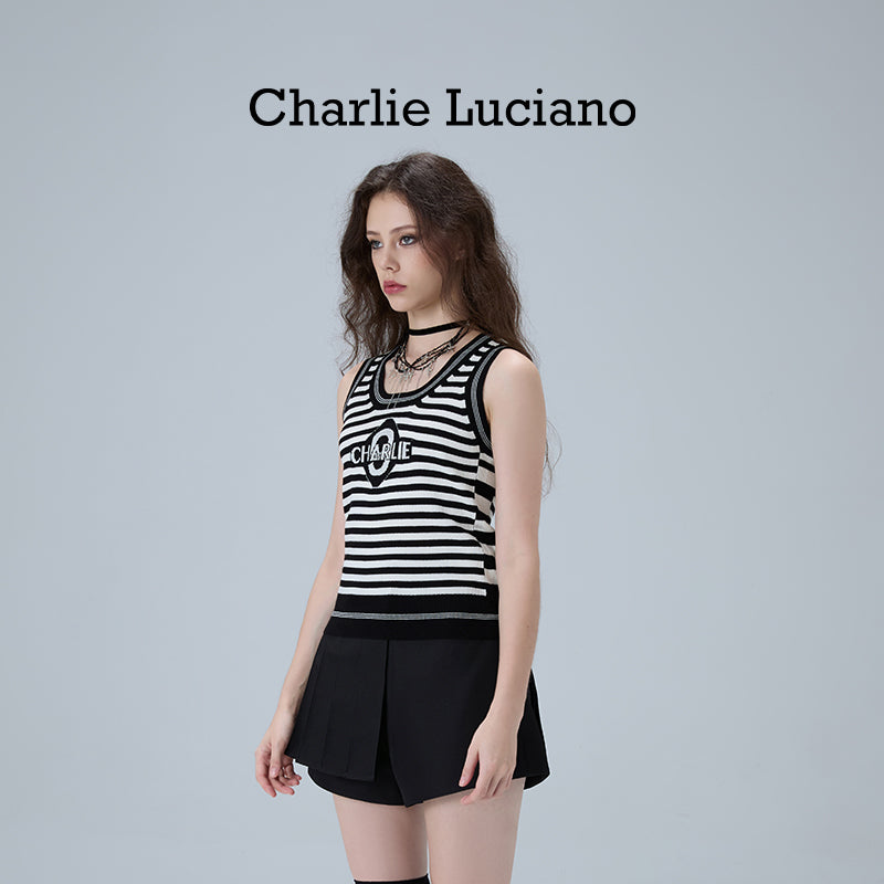 Charlie Luciano striped jacquard knitted sleeveless vest, summer new trendy brand top for women